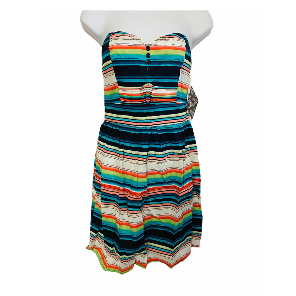 BeBop Smocked Strapless Casual Day Dress Colorful Striped White Cotton Sundress - Picture 4 of 9